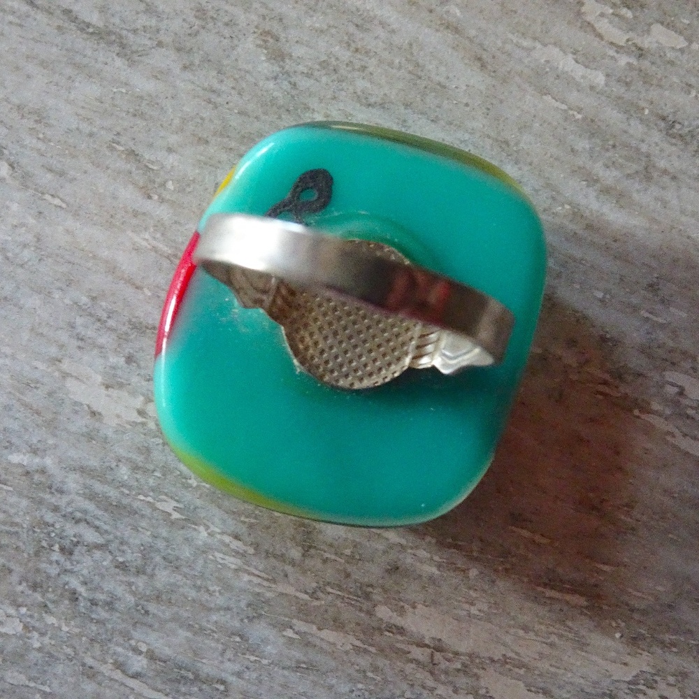Artsy Iridescent Unique Colorful Dichroic Handblown Glass Square Statement Ring - Picture 8 of 8